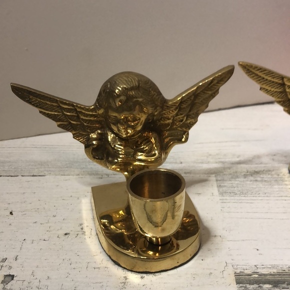 Set of 2 Solid Brass Angel Candlestick Holders India Cherubs Holiday Christmas - Picture 2 of 7
